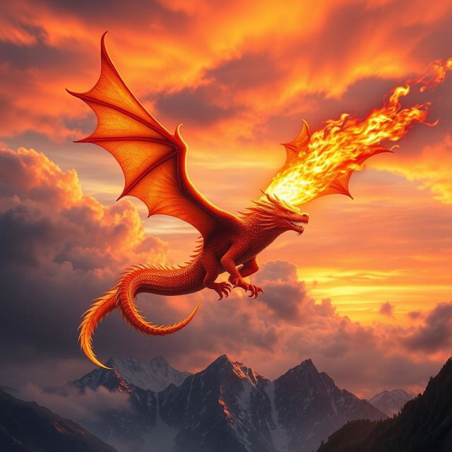 A stunning fire dragon soaring through a dramatic sunset sky, its scales shimmering with hues of orange, red, and gold