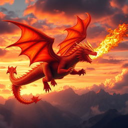 A stunning fire dragon soaring through a dramatic sunset sky, its scales shimmering with hues of orange, red, and gold