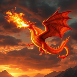 A stunning fire dragon soaring through a dramatic sunset sky, its scales shimmering with hues of orange, red, and gold