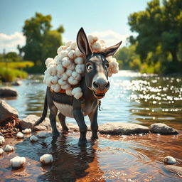 A whimsical scene depicting a donkey by a river, struggling under the weight of a heavy load of cotton on its back