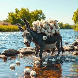 A whimsical scene depicting a donkey by a river, struggling under the weight of a heavy load of cotton on its back