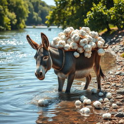 A whimsical scene depicting a donkey by a river, struggling under the weight of a heavy load of cotton on its back