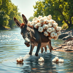 A whimsical scene depicting a donkey by a river, struggling under the weight of a heavy load of cotton on its back