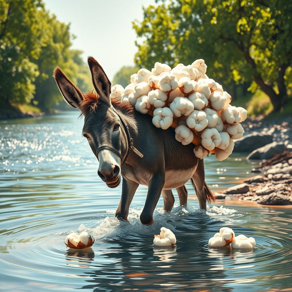 A whimsical scene depicting a donkey by a river, struggling under the weight of a heavy load of cotton on its back