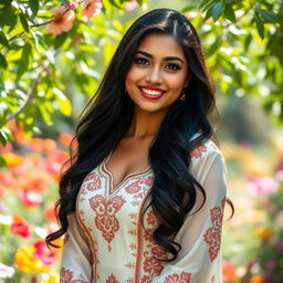A stunning portrait of a beautiful woman named Tamanna, with long flowing black hair and exotic features