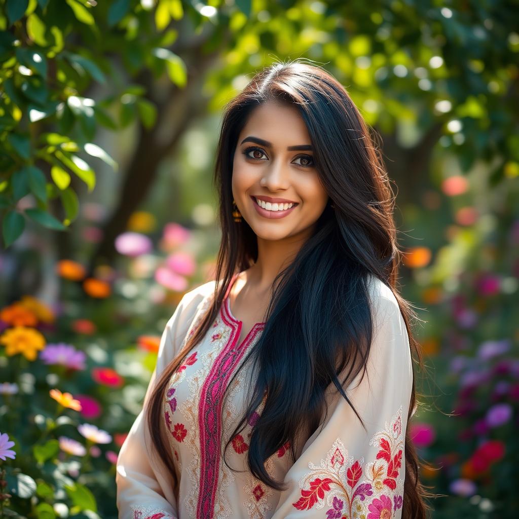 A stunning portrait of a beautiful woman named Tamanna, with long flowing black hair and exotic features
