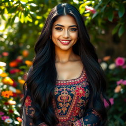 A stunning portrait of a beautiful woman named Tamanna, with long flowing black hair and exotic features