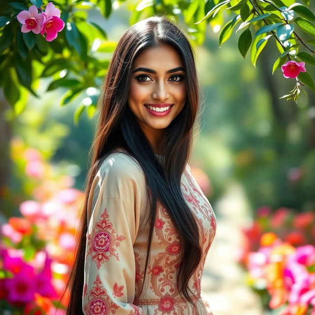 A stunning portrait of a beautiful woman named Tamanna, with long flowing black hair and exotic features