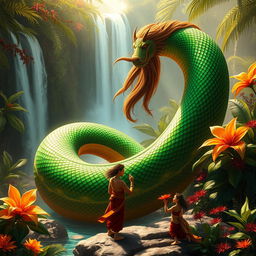 A breathtaking fantasy scene depicting a majestic Naga coiled around a lush tropical landscape