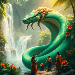 A breathtaking fantasy scene depicting a majestic Naga coiled around a lush tropical landscape