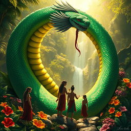 A breathtaking fantasy scene depicting a majestic Naga coiled around a lush tropical landscape