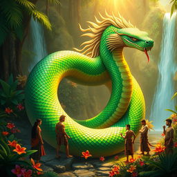 A breathtaking fantasy scene depicting a majestic Naga coiled around a lush tropical landscape