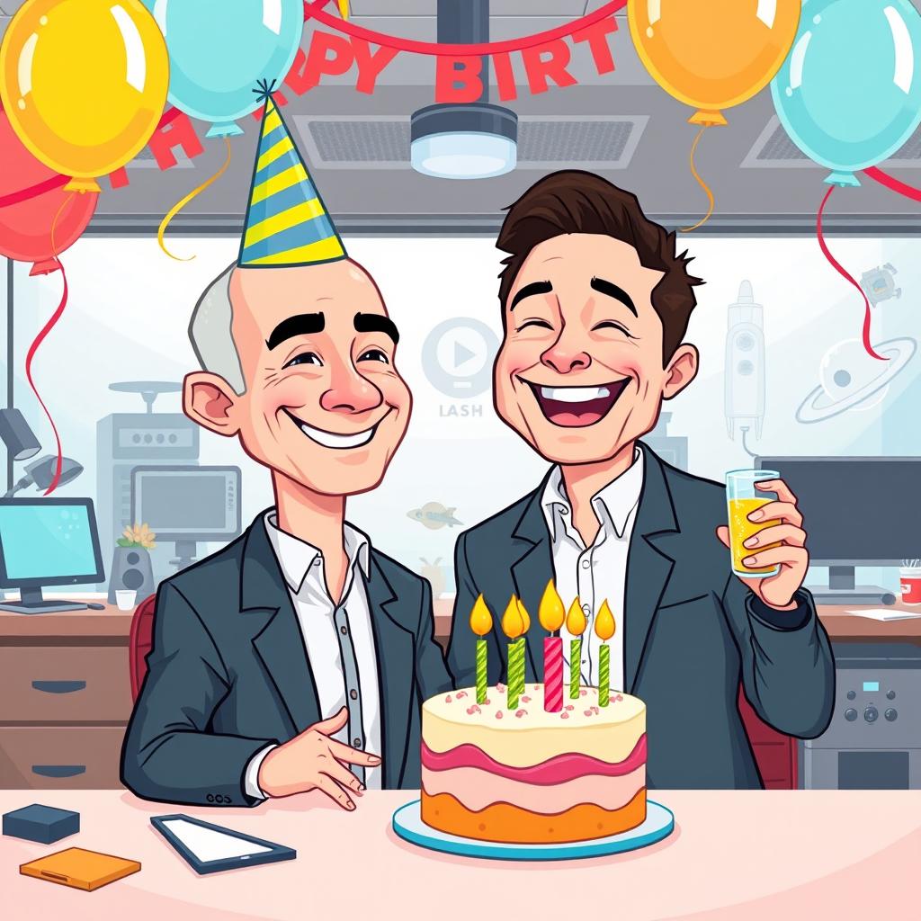 A vibrant and playful cartoon illustration of Jeff Bezos and Elon Musk in a festive office setting, celebrating a birthday