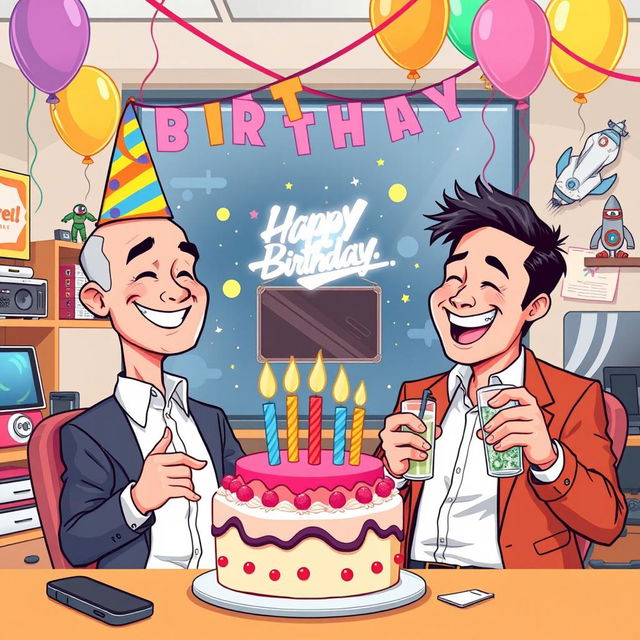 A vibrant and playful cartoon illustration of Jeff Bezos and Elon Musk in a festive office setting, celebrating a birthday