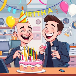 A vibrant and playful cartoon illustration of Jeff Bezos and Elon Musk in a festive office setting, celebrating a birthday