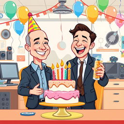 A vibrant and playful cartoon illustration of Jeff Bezos and Elon Musk in a festive office setting, celebrating a birthday
