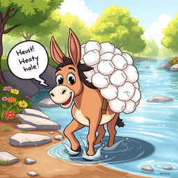 A cartoon scene depicting a donkey with a heavy load of cotton on its back, looking happy and excited, standing by the side of a river