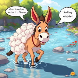 A cartoon scene depicting a donkey with a heavy load of cotton on its back, looking happy and excited, standing by the side of a river
