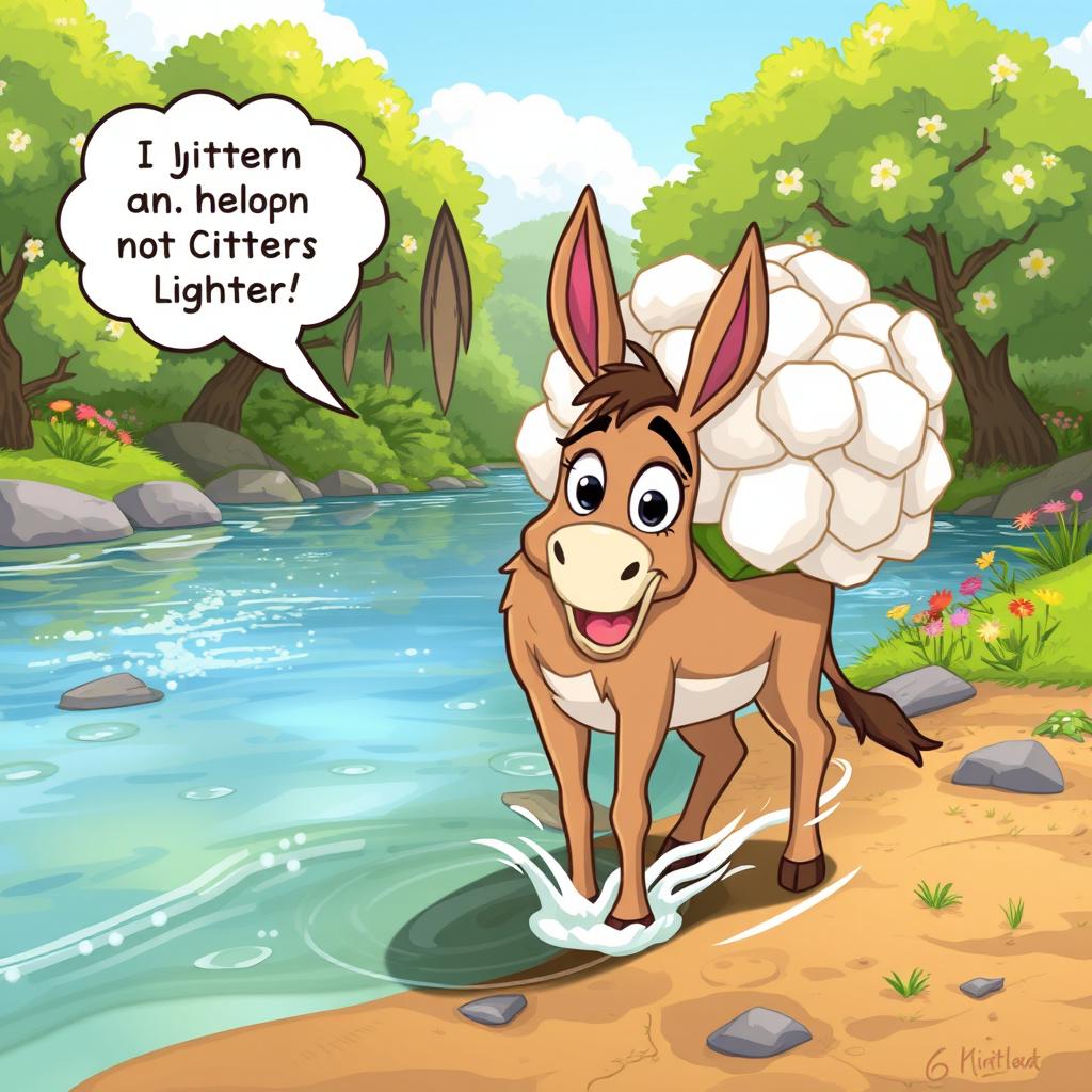 A cartoon scene depicting a donkey with a heavy load of cotton on its back, looking happy and excited, standing by the side of a river