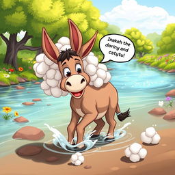 A cartoon scene depicting a donkey with a heavy load of cotton on its back, looking happy and excited, standing by the side of a river