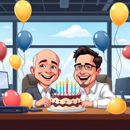 A cartoon depiction of Jeff Bezos celebrating his birthday with Elon Musk in a modern office setting