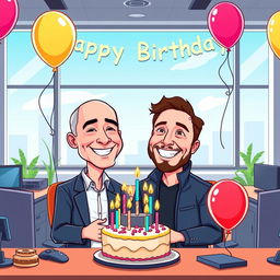 A cartoon depiction of Jeff Bezos celebrating his birthday with Elon Musk in a modern office setting