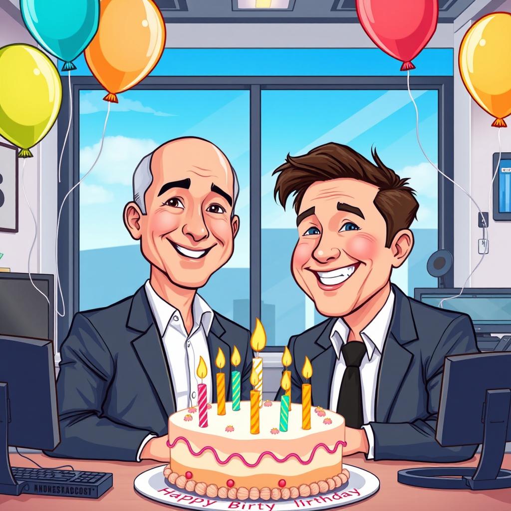 A cartoon depiction of Jeff Bezos celebrating his birthday with Elon Musk in a modern office setting