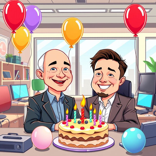 A cartoon depiction of Jeff Bezos celebrating his birthday with Elon Musk in a modern office setting