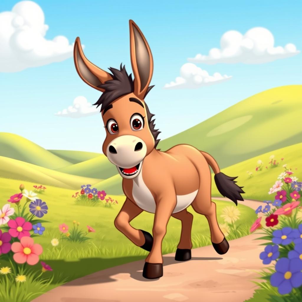 A cartoon scene of a donkey confidently walking with a playful expression, surrounded by a sunny landscape filled with colorful flowers and green grass