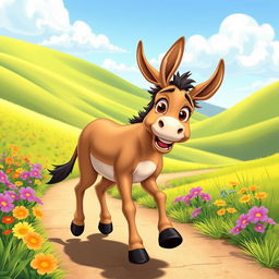 A cartoon scene of a donkey confidently walking with a playful expression, surrounded by a sunny landscape filled with colorful flowers and green grass