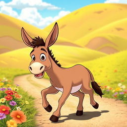 A cartoon scene of a donkey confidently walking with a playful expression, surrounded by a sunny landscape filled with colorful flowers and green grass