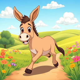 A cartoon scene of a donkey confidently walking with a playful expression, surrounded by a sunny landscape filled with colorful flowers and green grass
