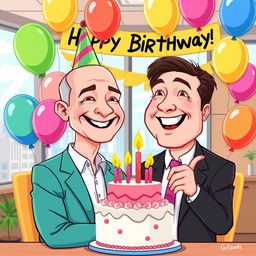 A vibrant cartoon vector style illustration of Jeff Bezos celebrating his birthday in an office setting with Elon Musk