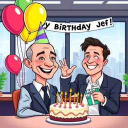 A vibrant cartoon vector style illustration of Jeff Bezos celebrating his birthday in an office setting with Elon Musk