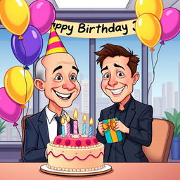 A vibrant cartoon vector style illustration of Jeff Bezos celebrating his birthday in an office setting with Elon Musk