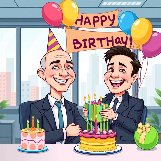A vibrant cartoon vector style illustration of Jeff Bezos celebrating his birthday in an office setting with Elon Musk