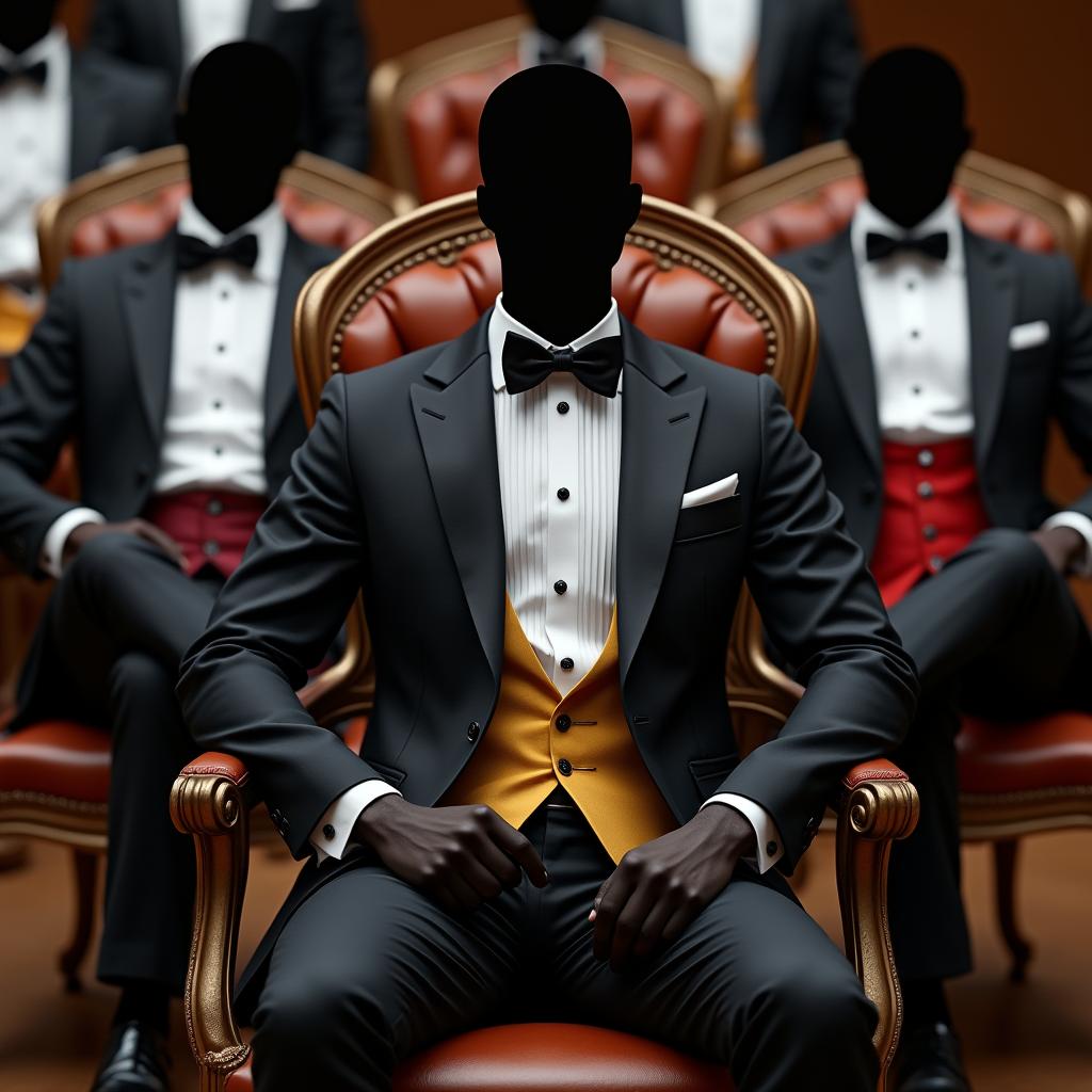 A series of elegant, tuxedo-clad men seated on stylish chairs, all portrayed without heads