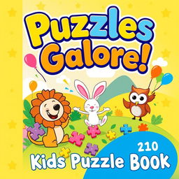 A vibrant and engaging book cover for a Kids Puzzle Book, featuring a colorful cartoonish landscape with playful elements
