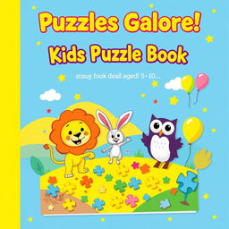 A vibrant and engaging book cover for a Kids Puzzle Book, featuring a colorful cartoonish landscape with playful elements