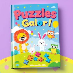 A vibrant and engaging book cover for a Kids Puzzle Book, featuring a colorful cartoonish landscape with playful elements
