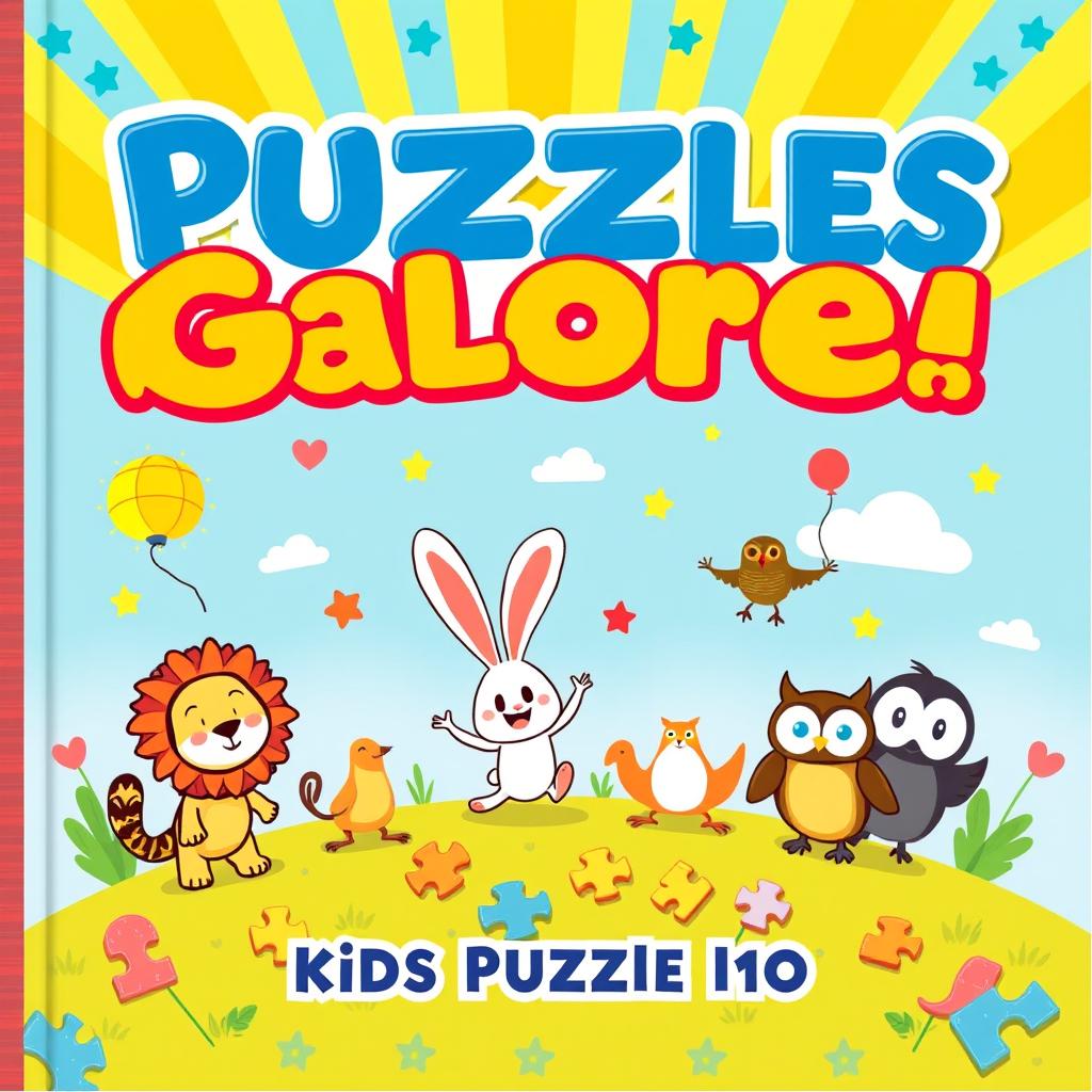 A vibrant and engaging book cover for a Kids Puzzle Book, featuring a colorful cartoonish landscape with playful elements