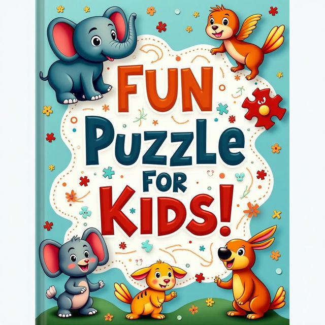A colorful and engaging book cover design for a Kids Puzzle Book, featuring a playful layout that includes a variety of puzzles like mazes, crosswords, and word searches