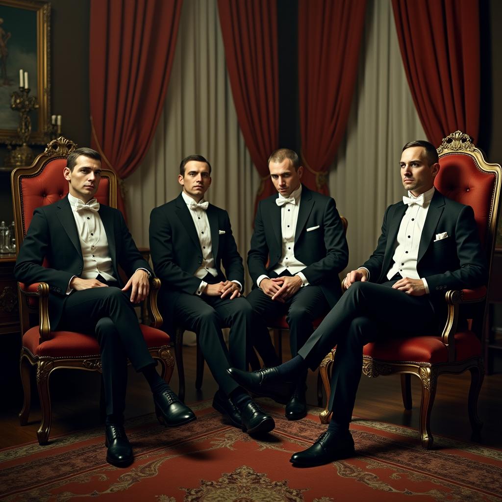 A surreal and imaginative scene depicting men in elegant Victorian tuxedos seated on ornate chairs, but with their heads mysteriously absent
