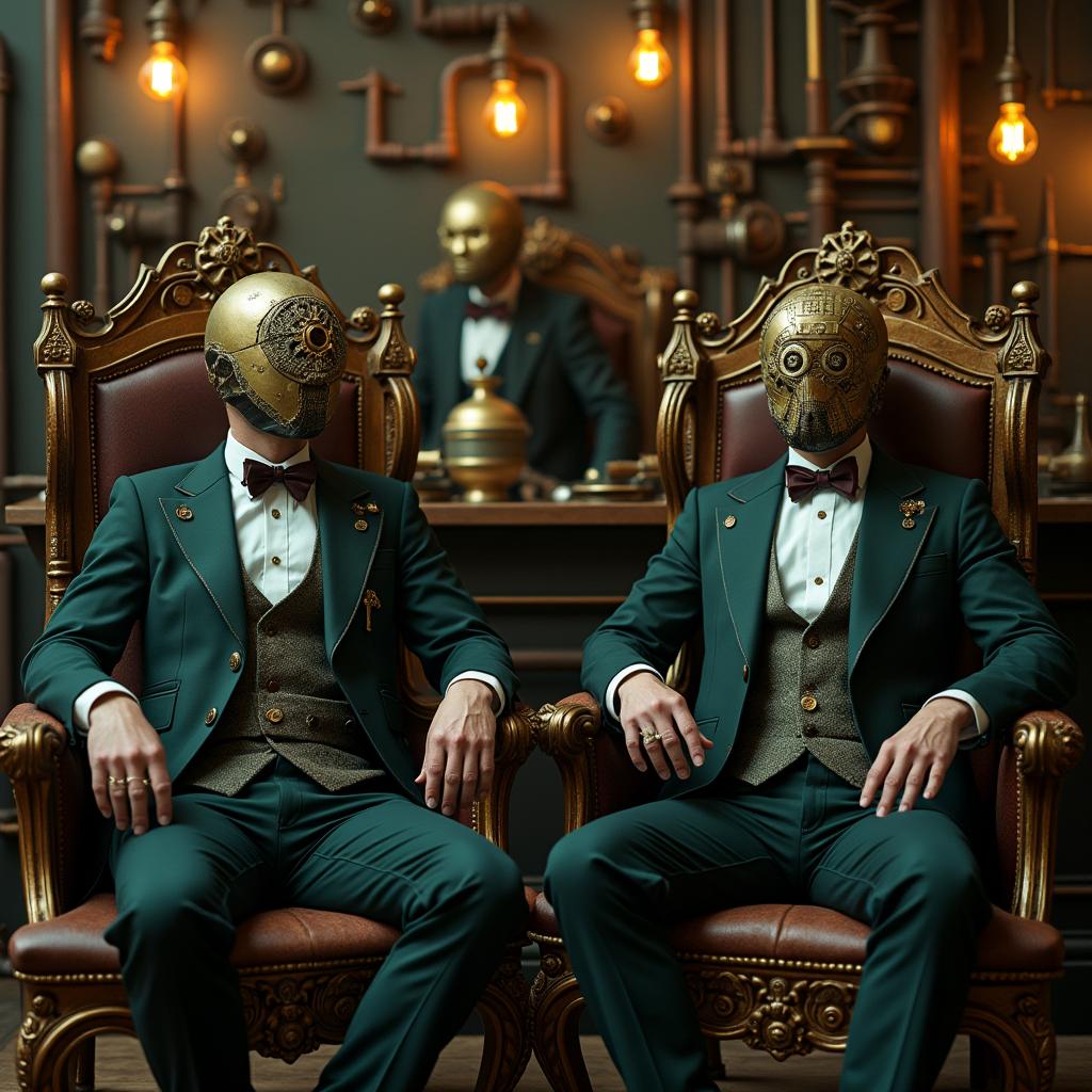 A captivating steampunk scene showcasing men in elaborate, Victorian-inspired tuxedos, seated on intricate, gear-laden chairs
