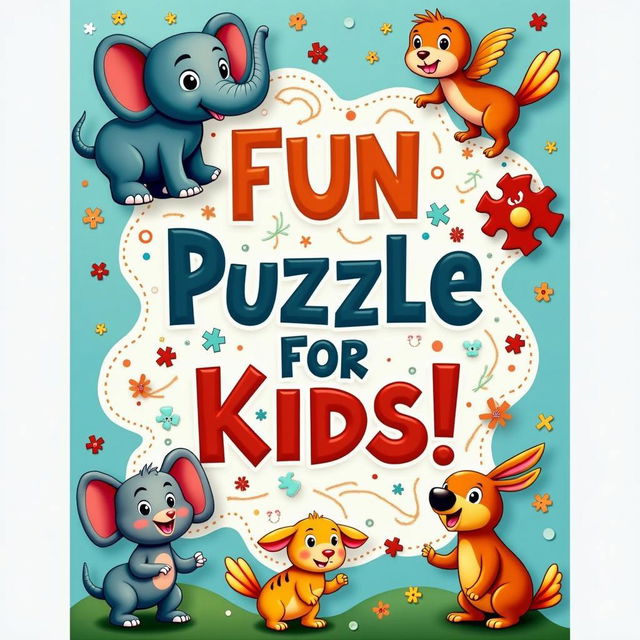 An engaging book cover design for a Kids Puzzle Book, featuring cartoon-style animals