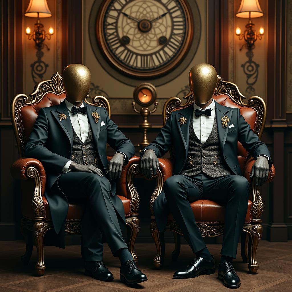 A striking steampunk Victorian scene featuring men in luxurious, intricately designed tuxedos, sitting on ornate, mechanical chairs