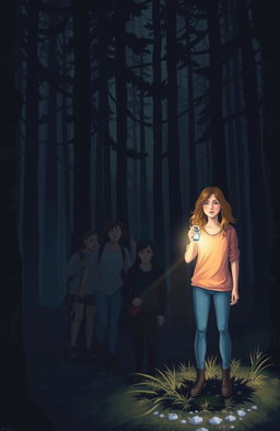 A scene depicting a group of friends in a dark forest searching for their missing friend, a young woman