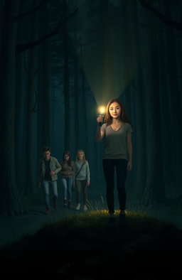 A scene depicting a group of friends in a dark forest searching for their missing friend, a young woman