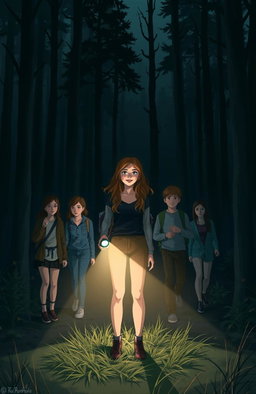 A scene depicting a group of friends in a dark forest searching for their missing friend, a young woman