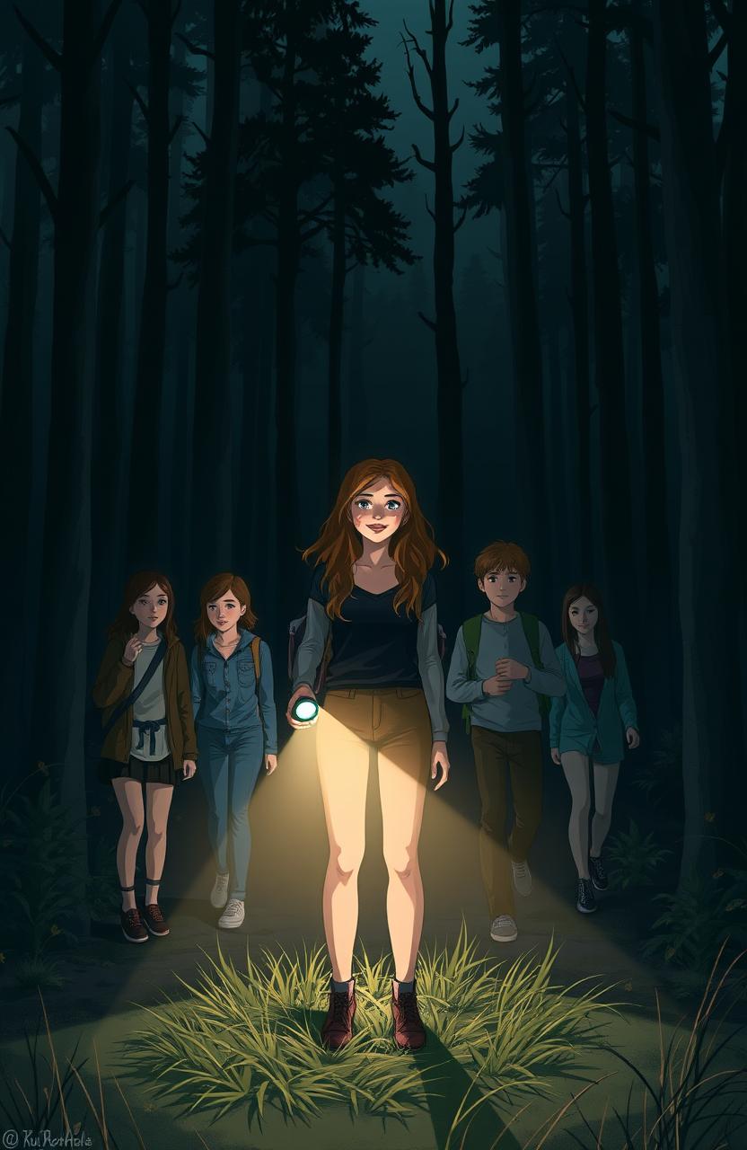 A scene depicting a group of friends in a dark forest searching for their missing friend, a young woman